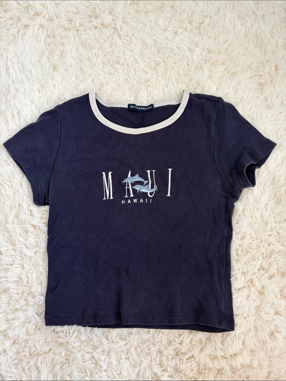 BRANDY MELVILLE J.GALT Girls Maui Hawaii Navy Blue Cropped T-Shirt